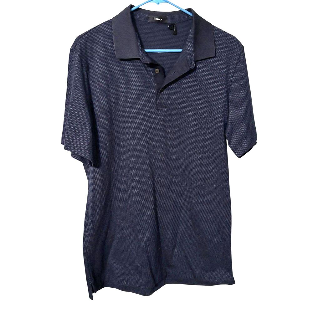 Theory Button Polo Click Jacquard Navy Textured Men's L Quiet luxury